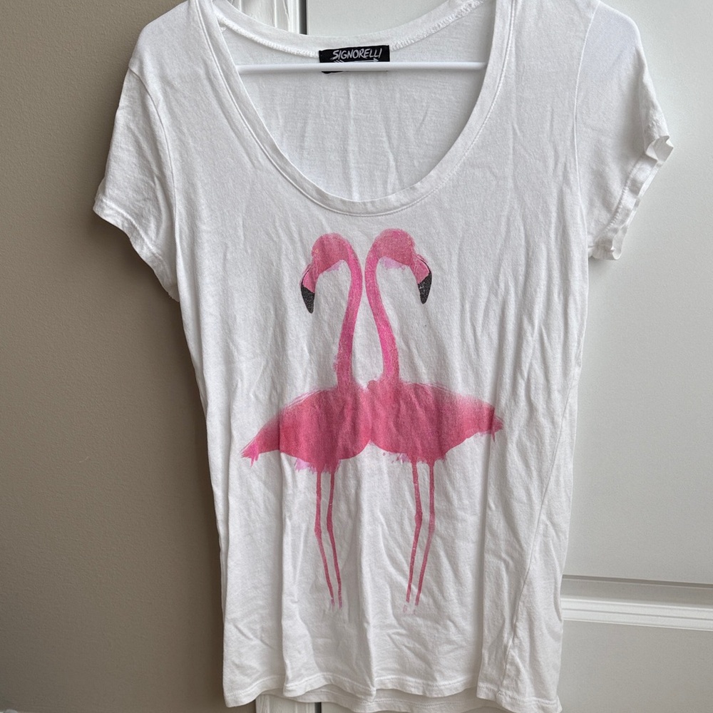 Signorelli White Tee with Pink Flamingo Design